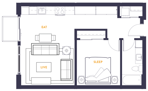Floor plan for 1 bed, 1 bath, 666 sqft